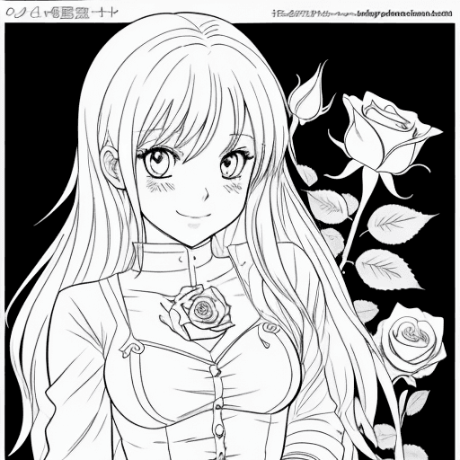 AI generated: Generate a coloring page of an manga girl with rose