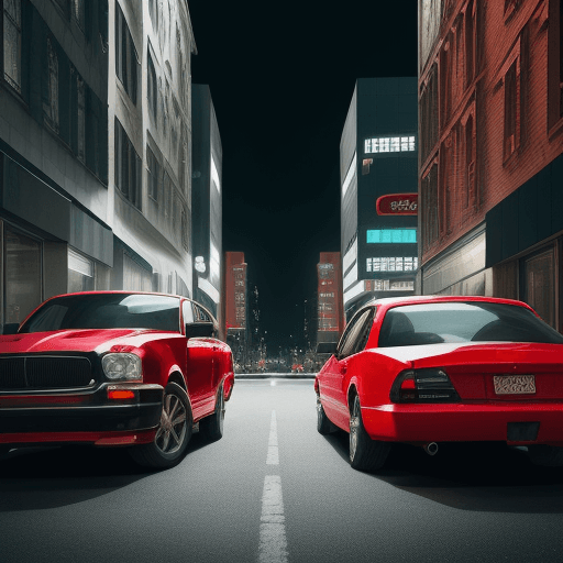 AI generated: The image shows a city street scene with two cars, one red and one black, parked next to each other.