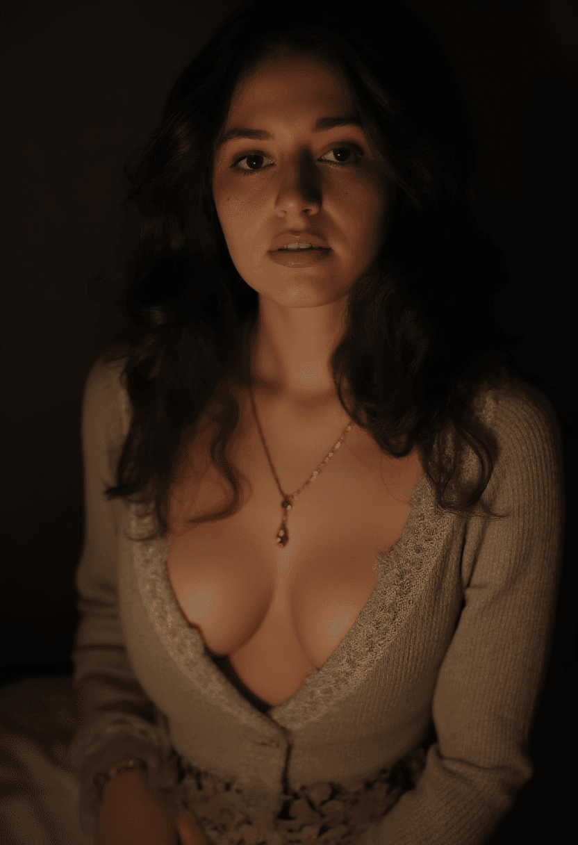 AI generated: A photorealistic close-up portrait of an adult woman in a dimly lit, moody studio setting, captured ...