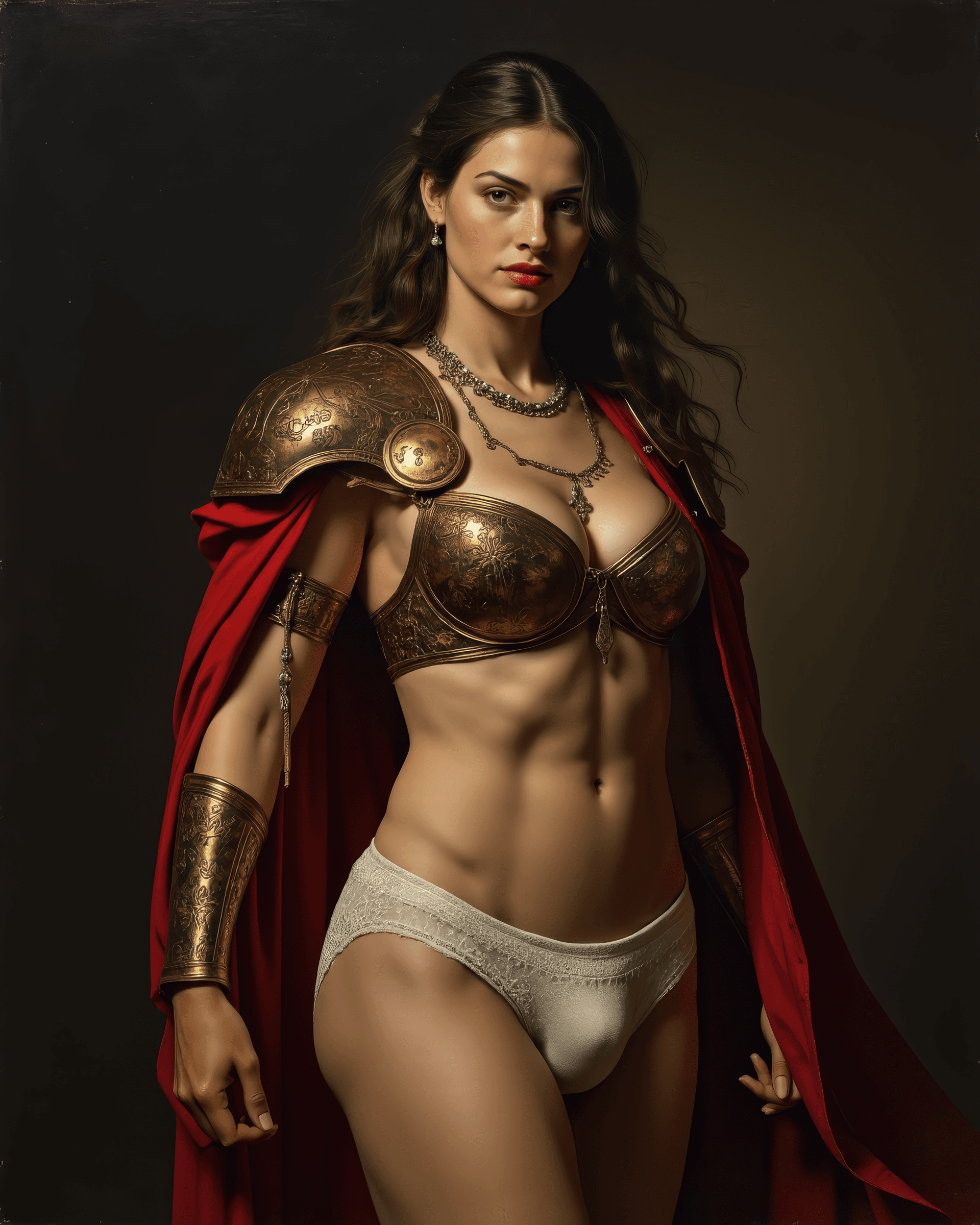 AI generated: full body photo of a tough looking beautiful woman female Roman general in a dramatic chiaroscuro st...