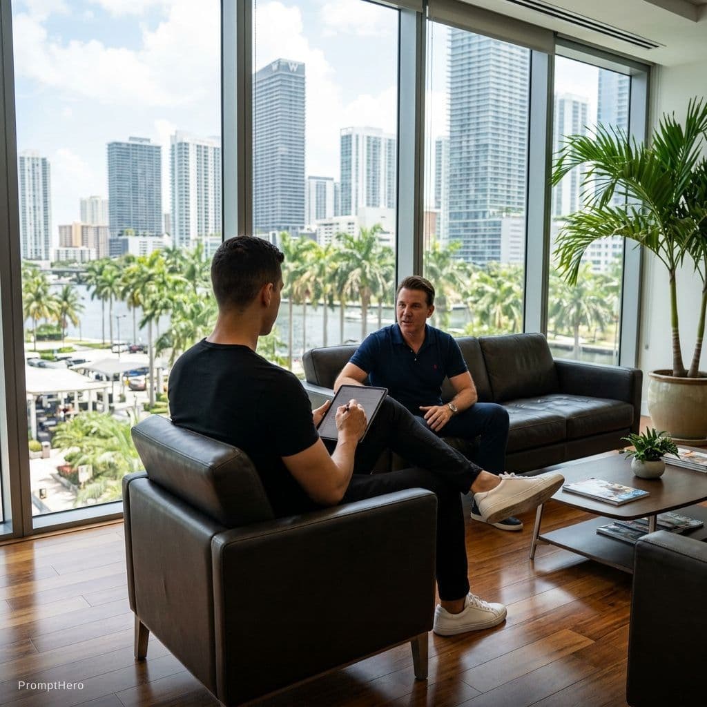 AI generated: RAW photo, wide angle shot, luxury Brickell Miami high-rise 
office waiting area, floor-to-ceiling g...