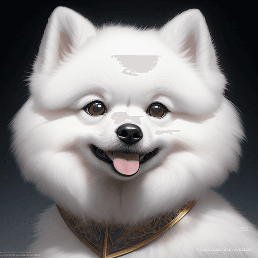 AI generated: of a white pomeranian dog face portrait happy face, vector, illustration
, haze, ultra-detailed, fil...