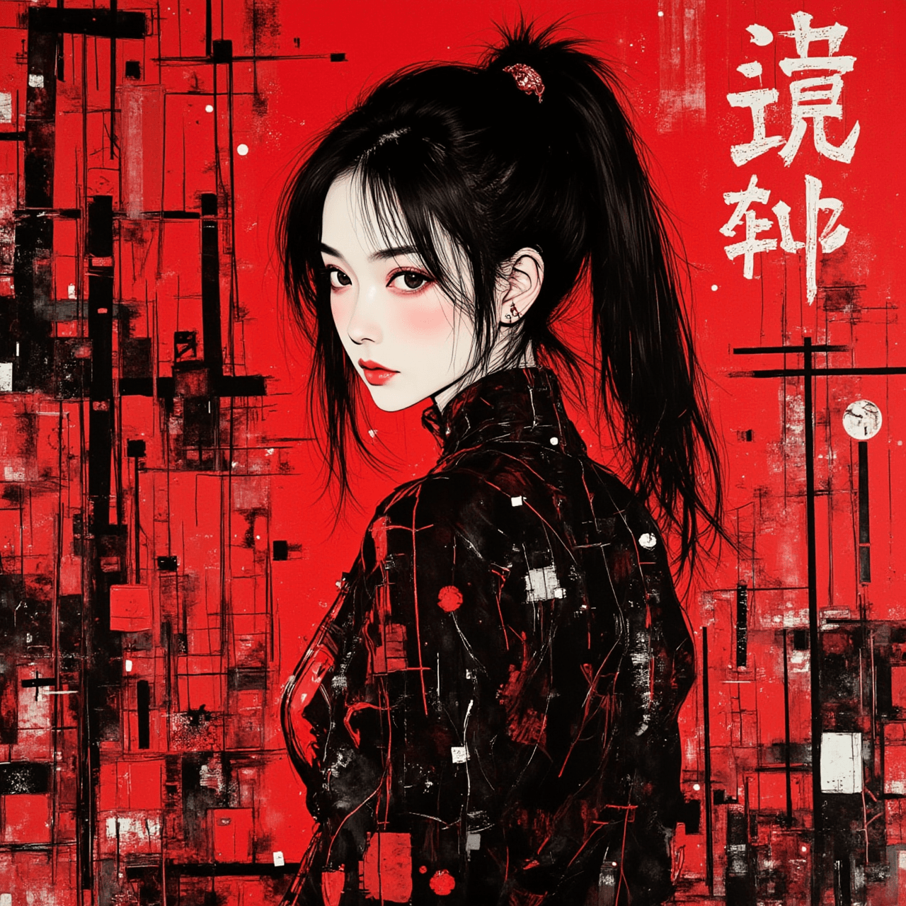AI generated: poster art. stunning beauty japanese woman. Girl poses looking back. ink, abstract, punk collage, (r...