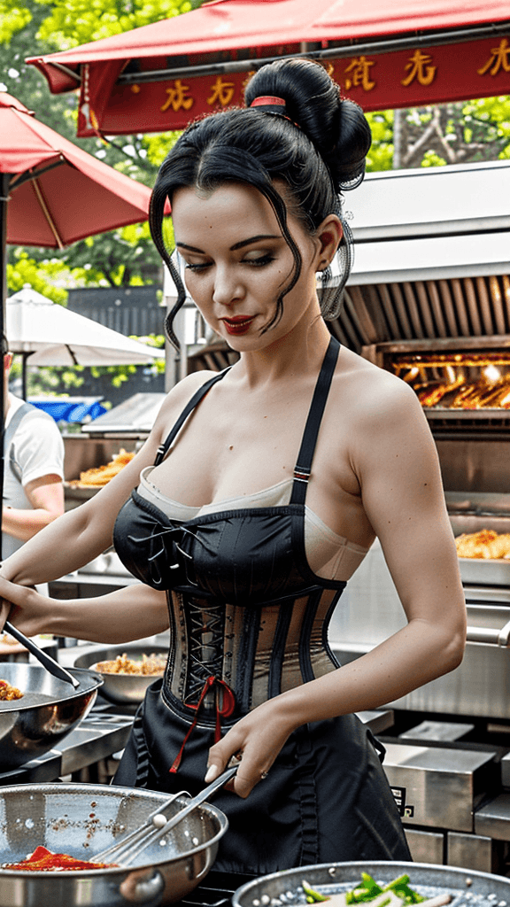 AI generated: Generate an image of a woman cooking at an outdoor food stall. The woman has an elegant hairstyle an...