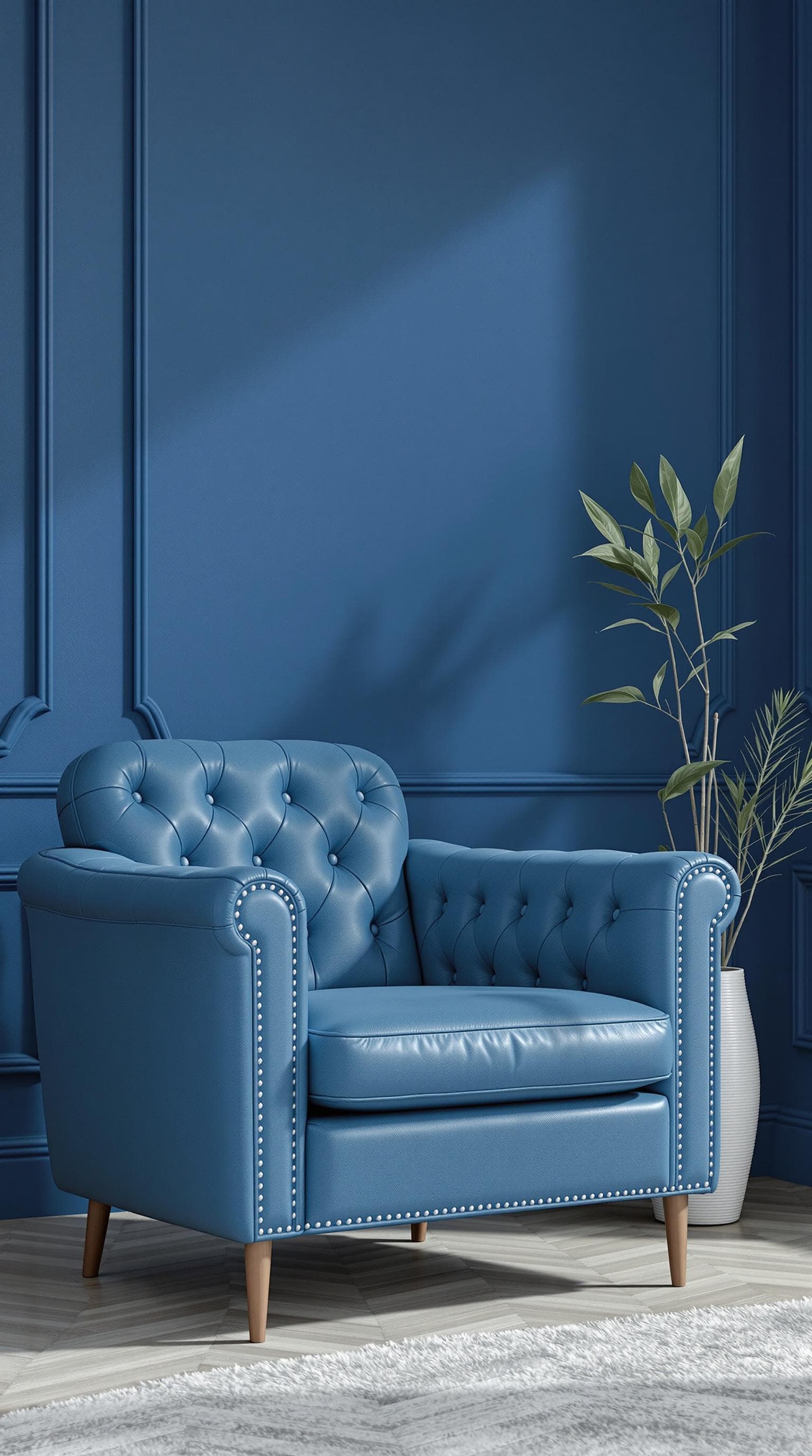 AI generated: pantone color deja vu blue, leather armchair, photorealistic rendering --ar 9:16 --raw --profile ue2...