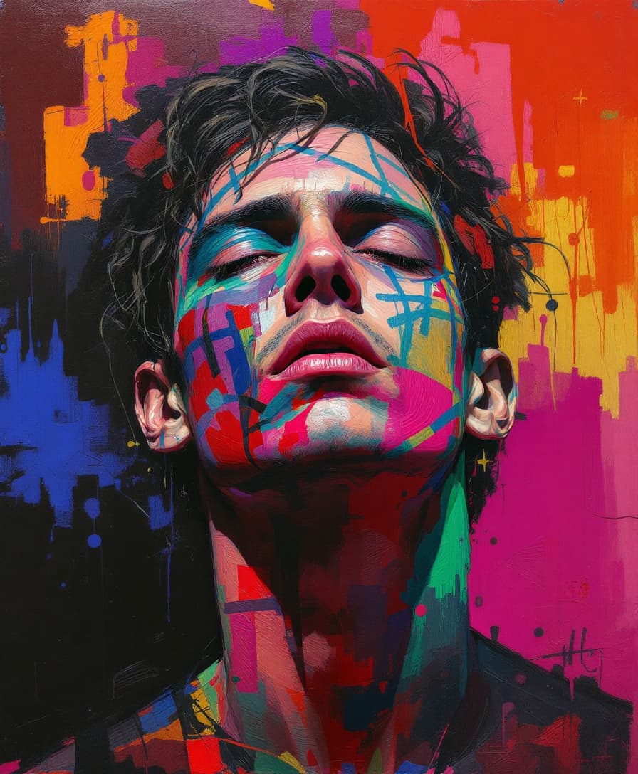 AI generated: artistic, oil painting, avant garde, man, agonized face, gaze, anomalous and dynamic colours, melanc...