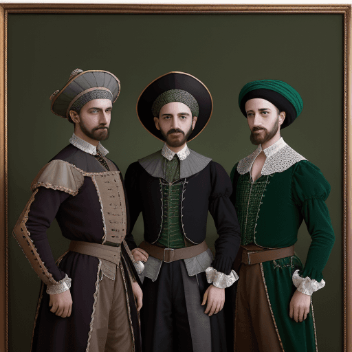 AI generated: three men in renaissance costume stand in a dark background, in the style of contemporary realist po...