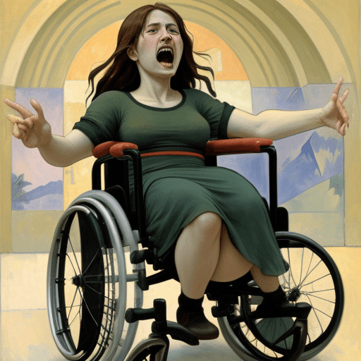 AI generated: young woman, aggressive, wheelchair, screaming, gaugin