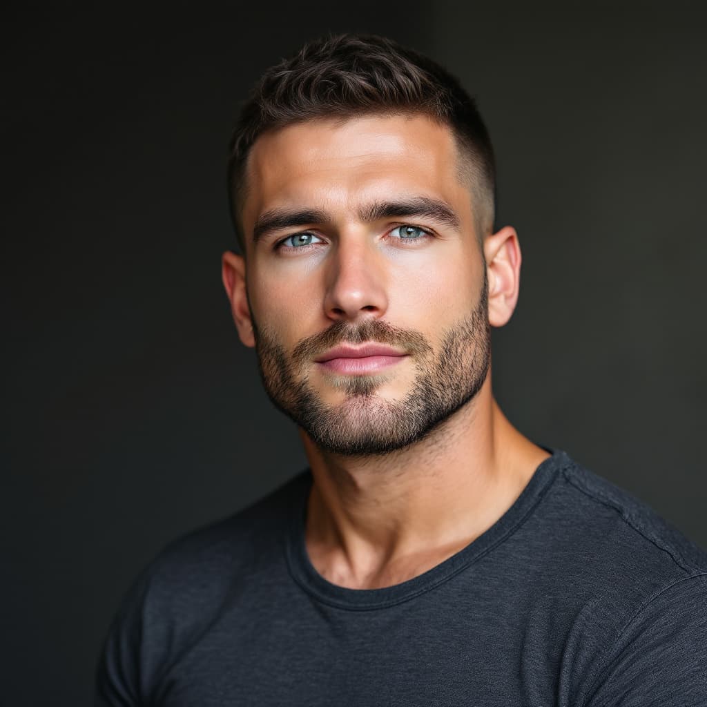 AI generated: High-res image of a 30-year-old white American man, cool fair skin tone, cropped ash brown hair, str...