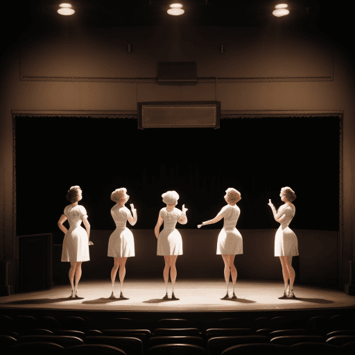 AI generated: a white sign standing on a small old theater stage, 8 women form the 1950s standing and looking at t...