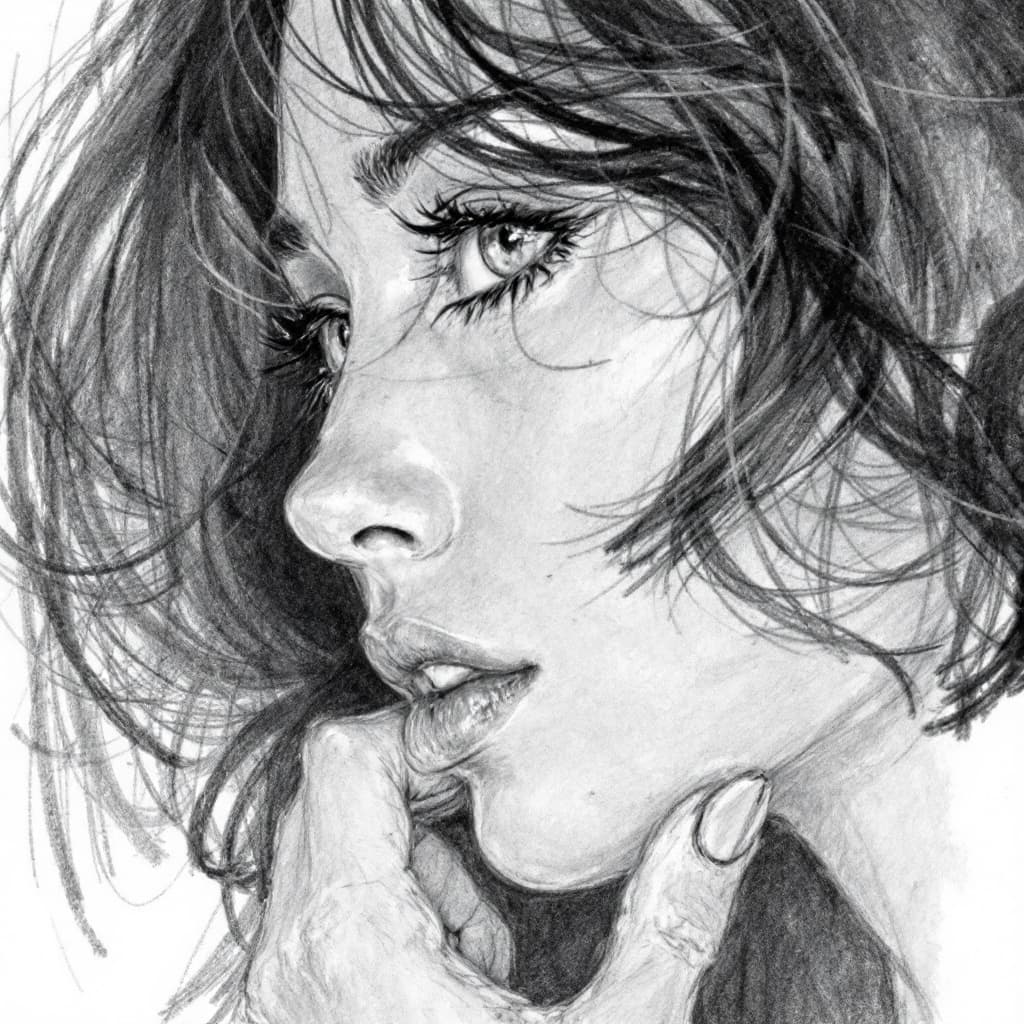 AI generated: graphite pencil drawing, simple, woman's face, beauty, side view, by Odilon Redon --ar 1:2 --stylize...