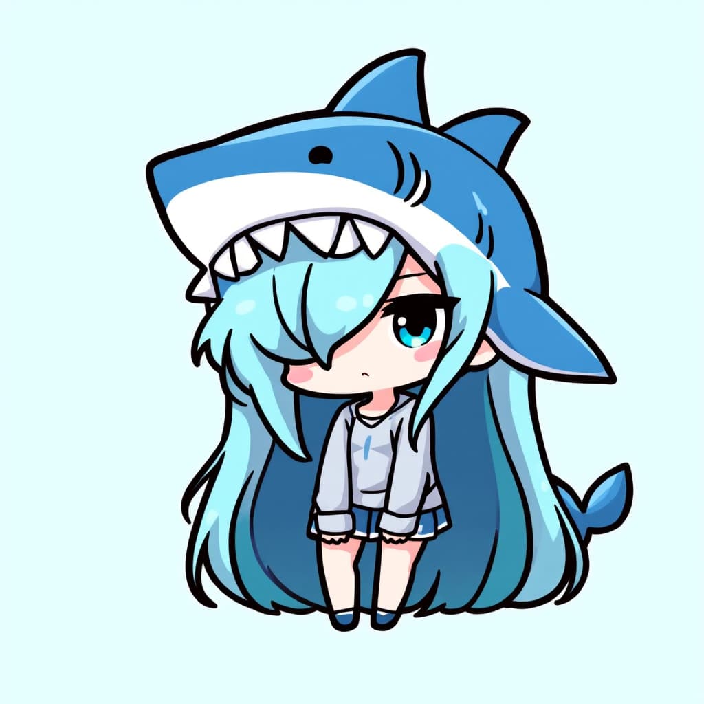 AI generated: best quality,Teal theme,outline,
(chibi:1.2),(absurdly long hair, gradient hair:1.2), shark on head,...