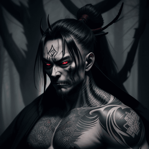 AI generated: A demonic samurai, covered in dark, intricate tattoos, emerges from a shroud of mysterious smoke in ...