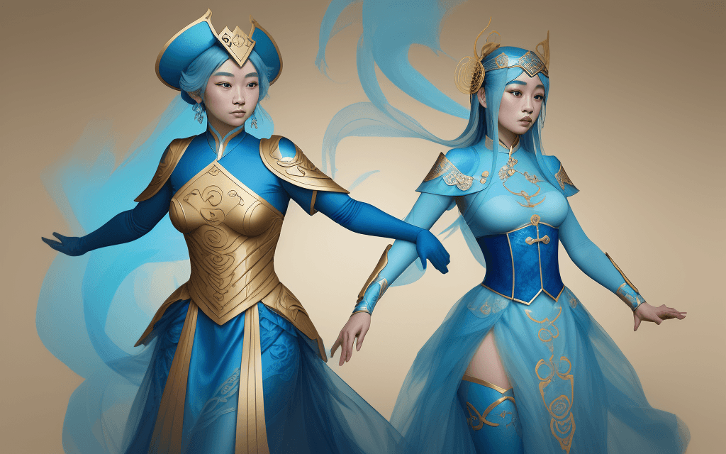 AI generated: blue and gold cosplay, in the style of xu beihong, appropriation artist, moosa al halyan, realistic,...