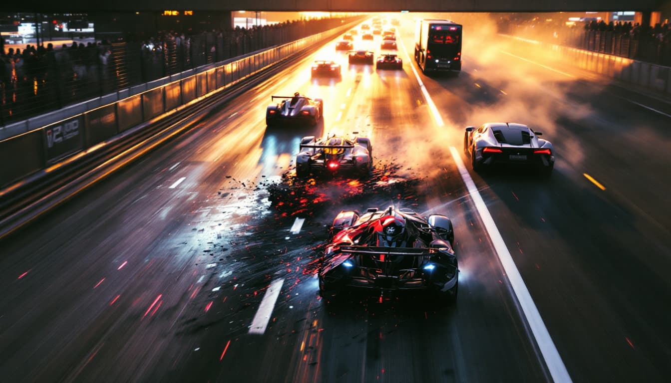 AI generated: The race track is well lit by sunlight.    Tensions are rising. EMERGENCY on the track!  There has b...