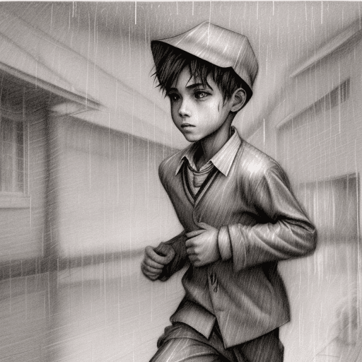 AI generated: An expressionist charcoal sketch, a drawing of a boy wearing his school uniform. running in the rain