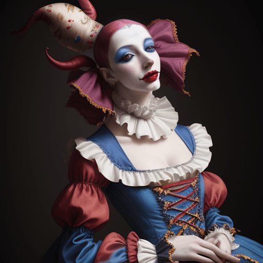 AI generated: Fashion photography of a jester, 1800s renaissance, clown makeup, editorial, insanely detailed and i...