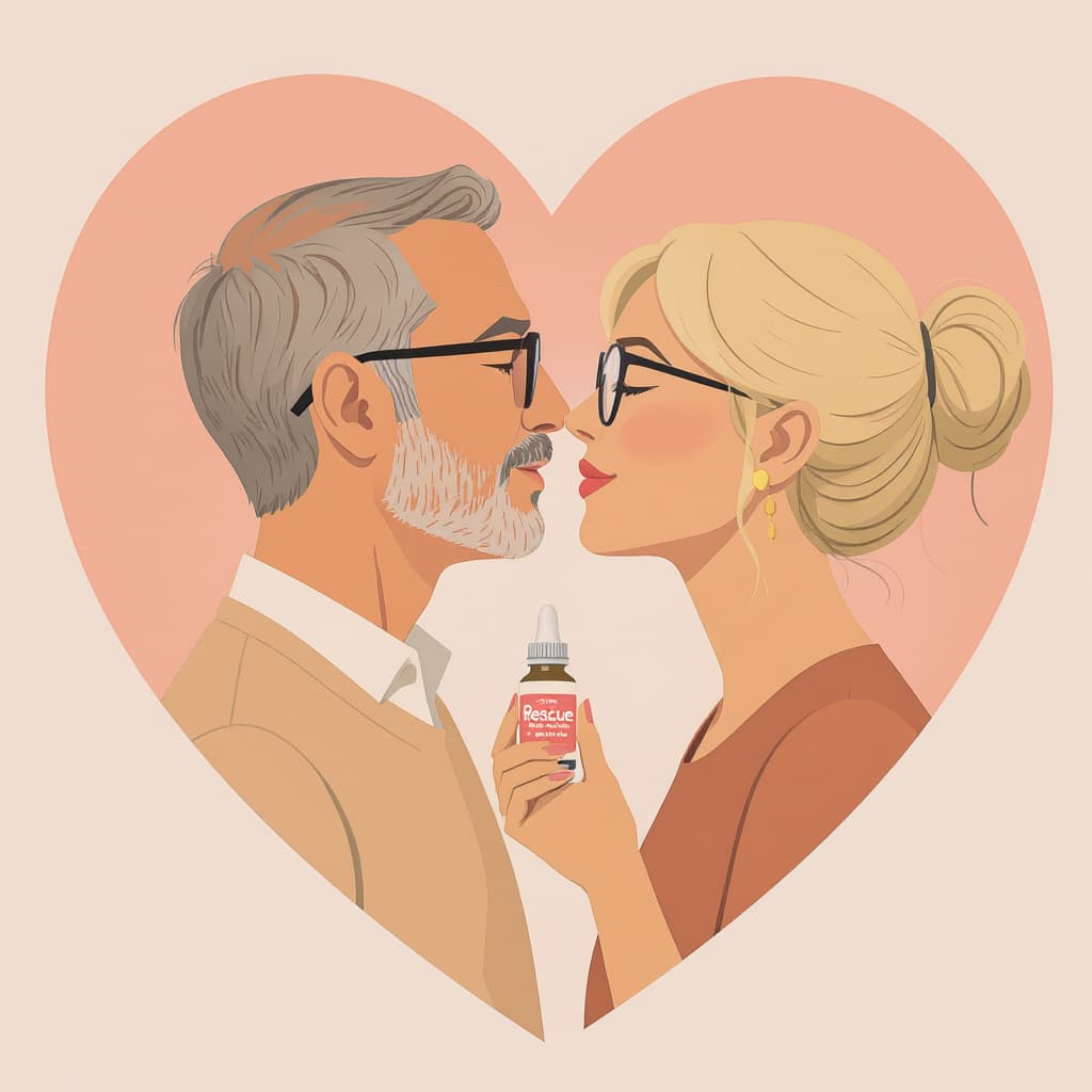 AI generated: flat vector illustration of a middle-aged couple about to kiss, close-up portrait cropped at torso, ...