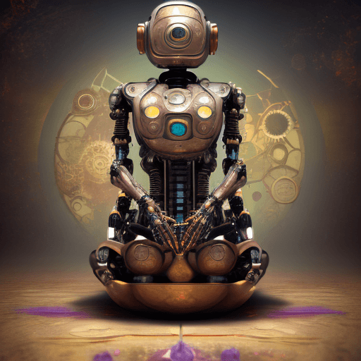 AI generated: A robot sitting in the lotus pose, representing the fusion of chaos and peacefulness in one work of ...