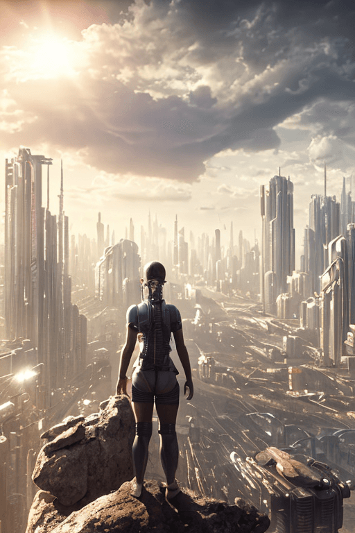 AI generated: Dystopian, High Detail RAW color Photo, Full Shot, (cute female), standing on an overlook, looking o...