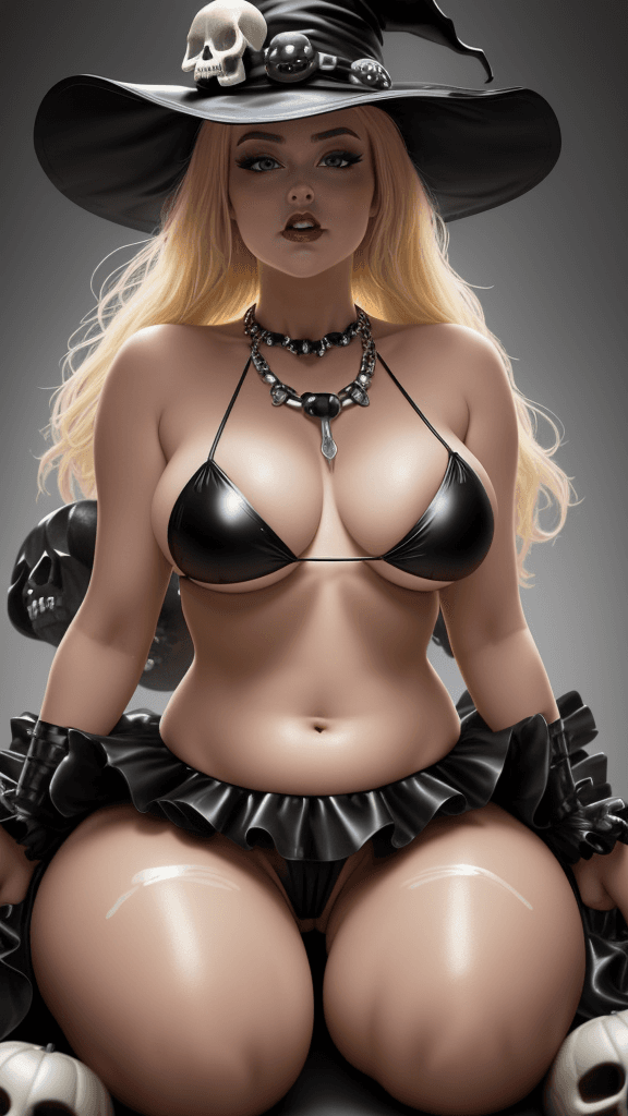 AI generated: a voluptuous woman dressed in a Halloween costume, adorned with an black hat, is seated on a white p...