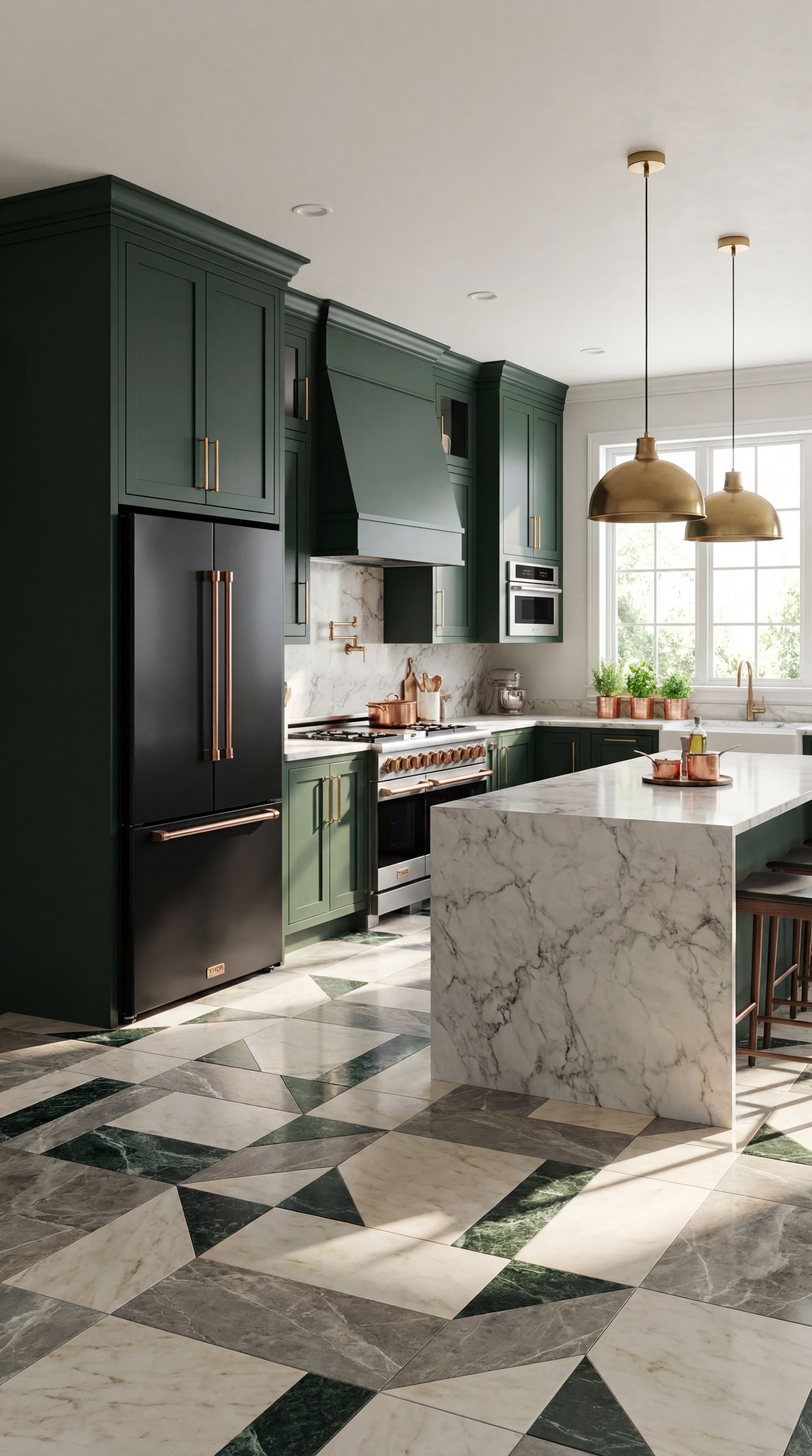 AI generated: turn into a lifestyle picture. Beautiful kitchen luxury forest dark green cabinets with golden decor...