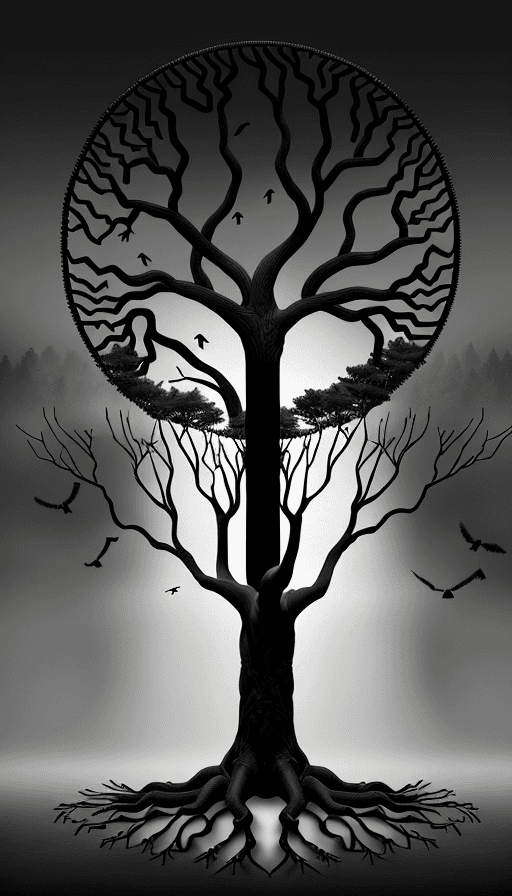 AI generated: hyper realistic black and grey style tree of life with no leaves, with right side of tree filled wit...
