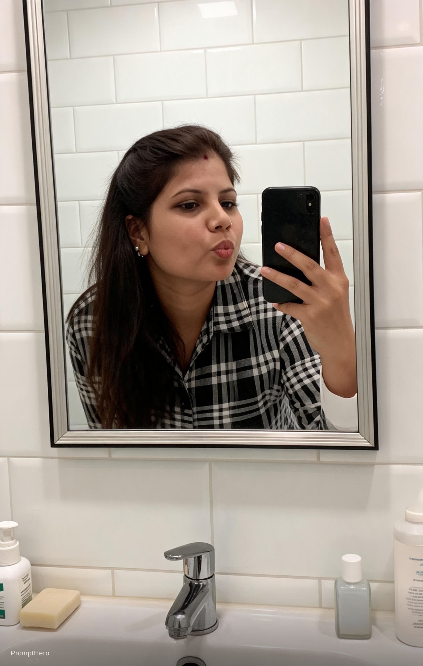 AI generated: Taking a mirror bathroom selfie spouting her lips, realistic snapshot, leans over pose