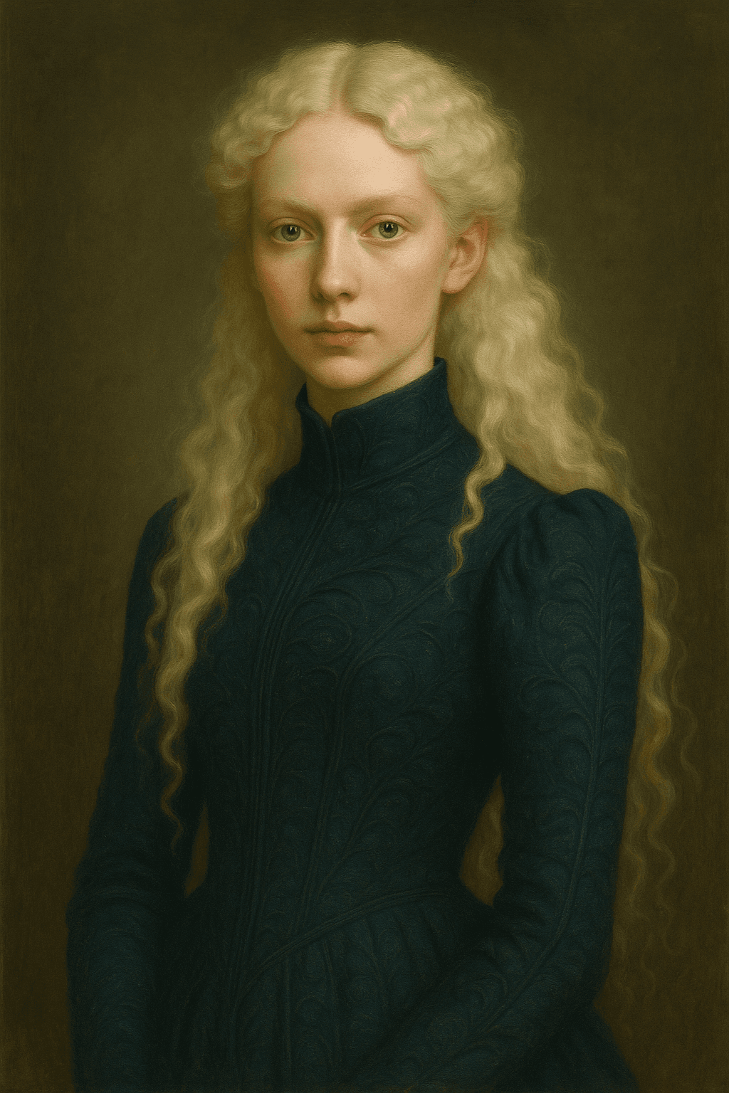 AI generated: A beautiful caucasian very pale 21 year old girl with a mop of long white ringlets, white eyebrows a...