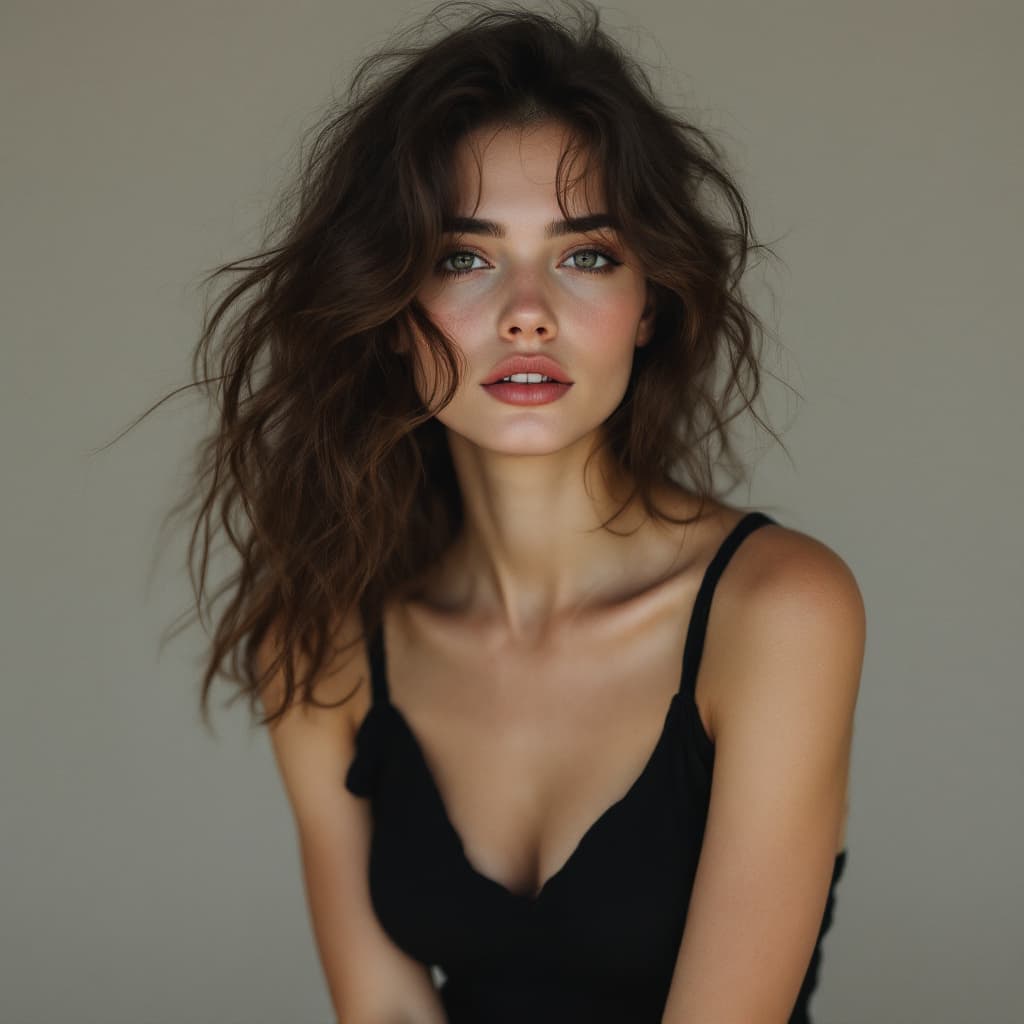 AI generated: 18-20-year-old French woman She is wearing soft black dress

