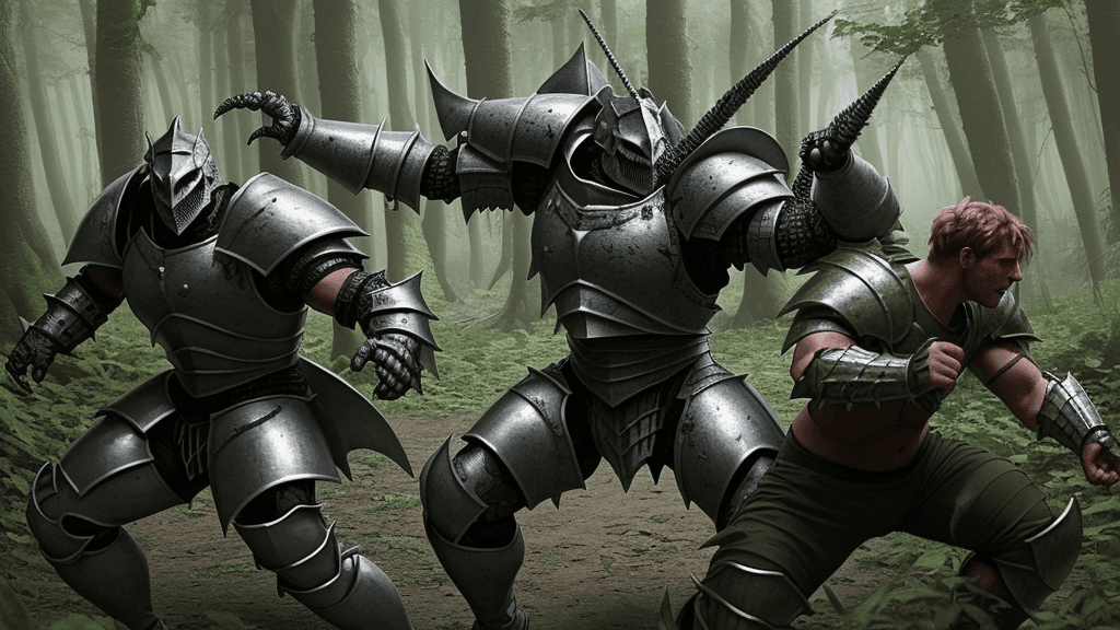 AI generated: human male Armoured warriors fighting scary monsters in a forest
