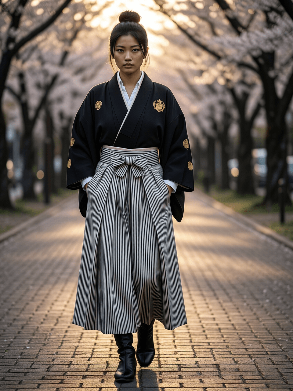 AI generated: ultra-realistic B&W 3/4 view photo of a female model in 2026 Tokyo. Long shadows at the sunset hour....