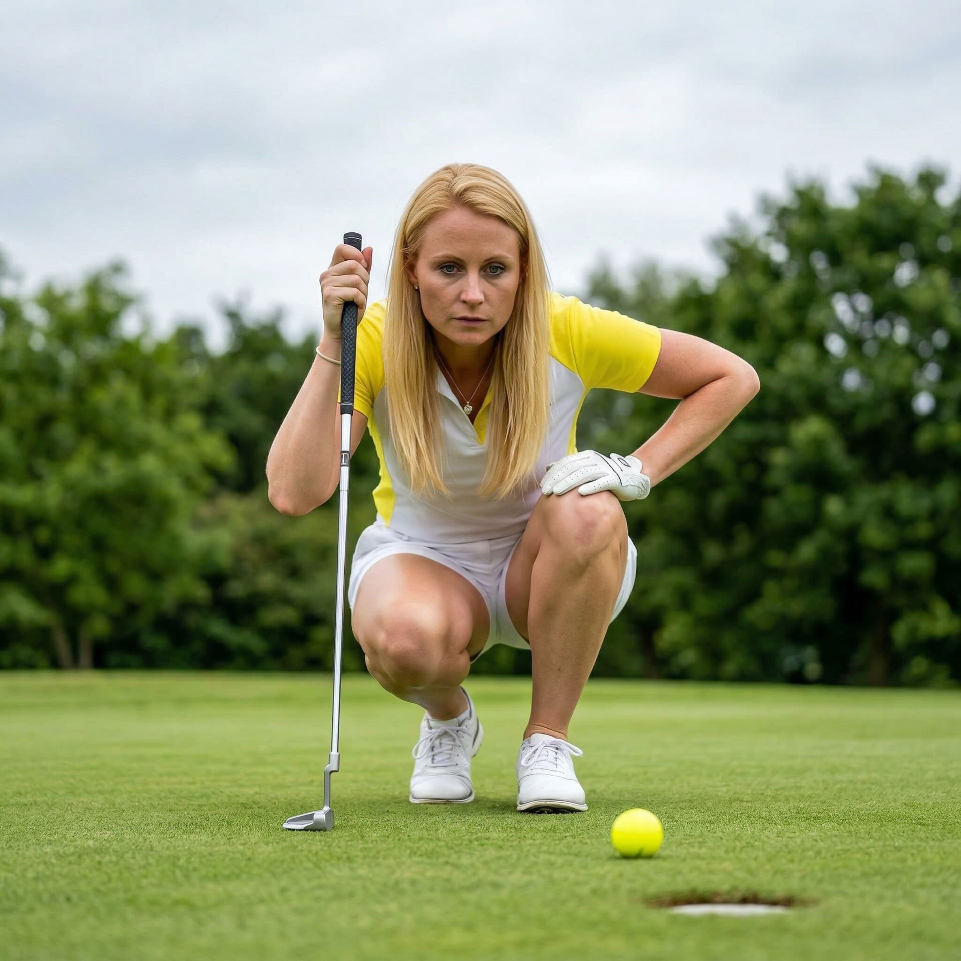AI generated: A young, athletic woman with long blonde hair is in a low crouching pose on a golf course, about to ...