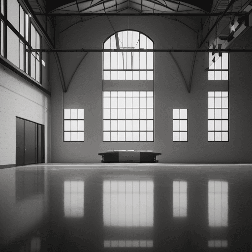 AI generated: Design a modern and minimalist warehouse, focusing on the juxtaposition of iron shield and glass win...