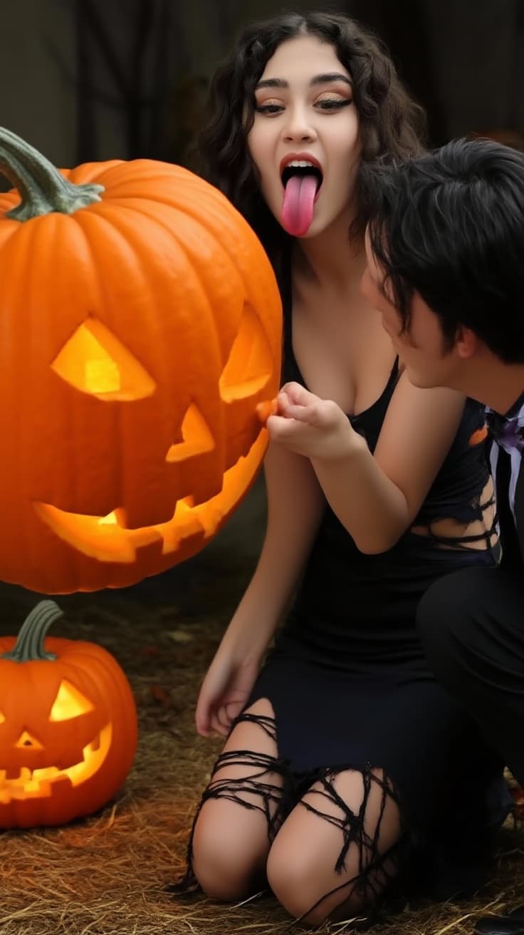 AI generated: Put me in a Halloween setting, wear a tight, tight, sexy, ripped dress, make me look sexy and attrac...
