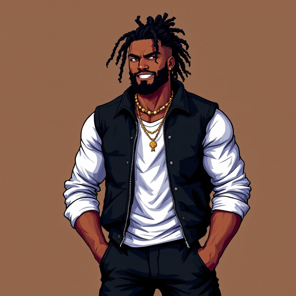 AI generated:  2d pixel gaming art style from Super Nintendo  of a black male with Espresso skin tone with  locs i...