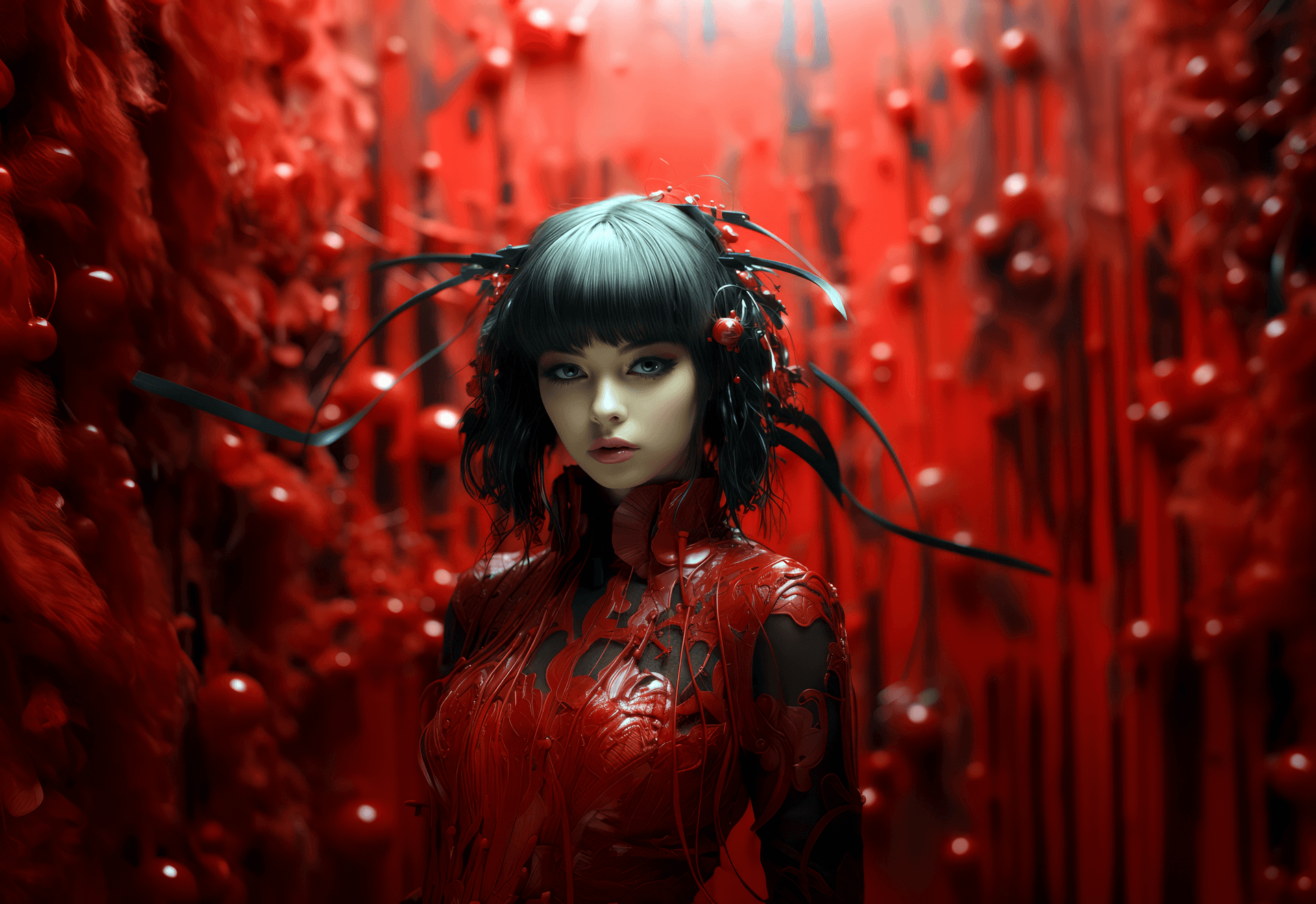 AI generated: the girl is on red background, in the style of visual remix, digital airbrushing, goerz hypergon 6.5...