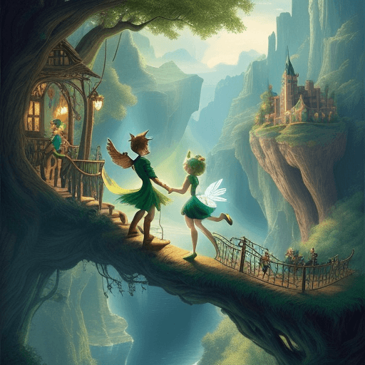 AI generated: "Generate an image featuring Peter Pan and Tinkerbell in a whimsical scene of Neverland, where they'...