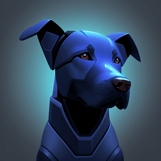 AI generated: A stylized robo-themed illustration of a Labrador dog head, seen directly from the front, in a blue ...