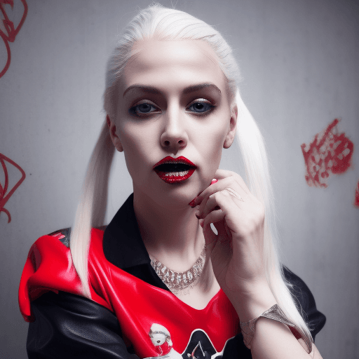 AI generated: woman with platinum blonde hair styled in pigtails, wearing a red and black leather outfit with diam...