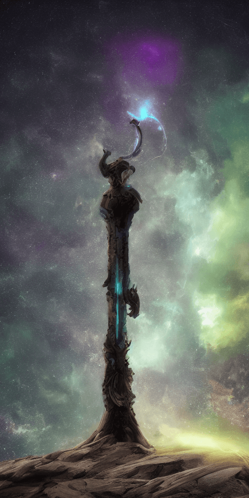 AI generated: Strong metal sword standing tall with bioluminescence sea with a galaxy in the sky, epic, 4k, ultra,