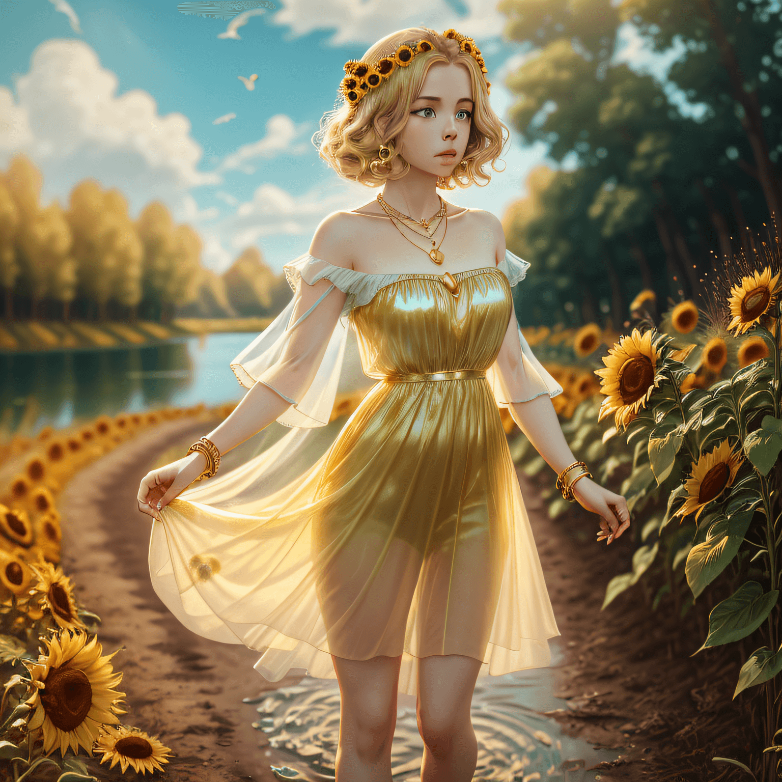AI generated: Beautiful blonde woman with blue eyes, transparent dress, gold necklace, gold rings, flat white shoe...