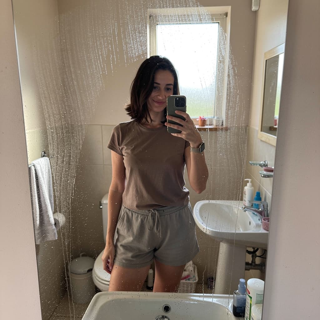 AI generated: Casual mirror selfie in a bathroom, smartphone photo quality. Slim brunette adult with a playful exp...