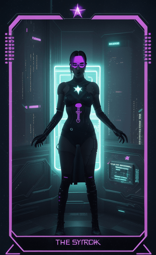 AI generated: Cyberpunk The Star Tarot Card, Words "The Star", High Contrast, Neon, Cyberpunk, Futuristic, Sci Fi,...