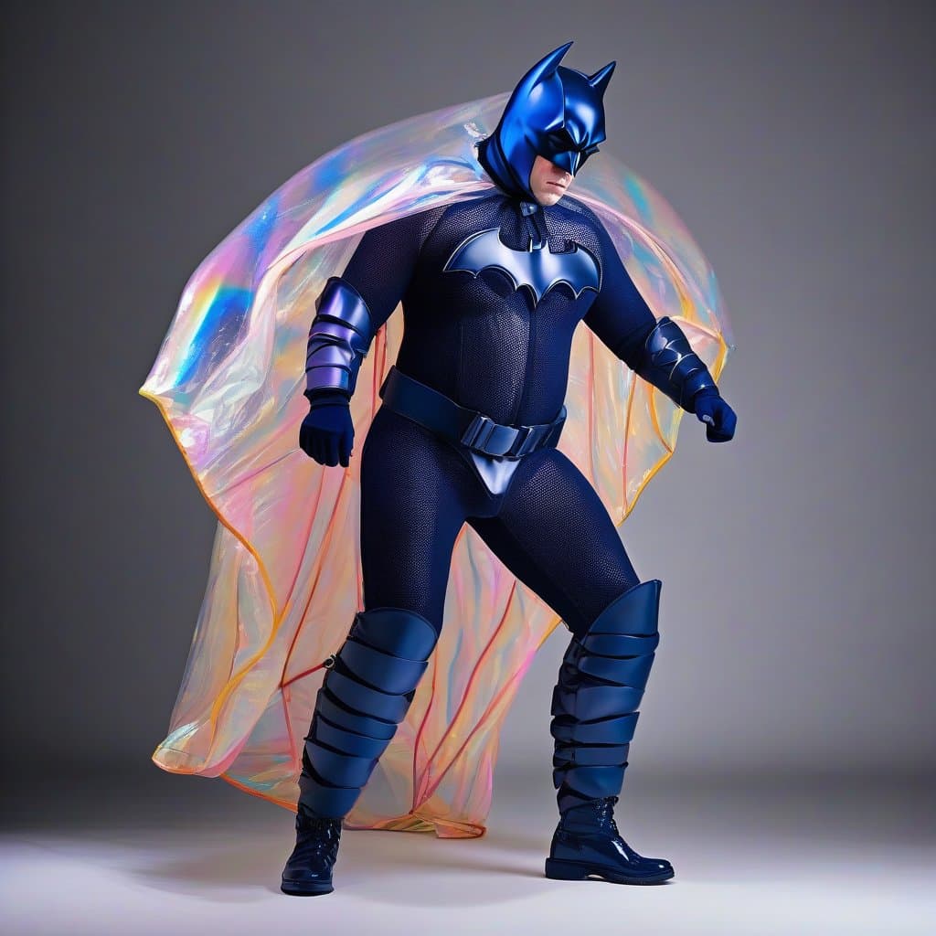 AI generated: Create a queer haute cuture new batsuit for Batman. The baggy body suit is made of dark blue woolen ...