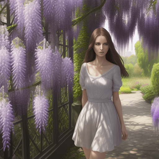 AI generated: Landscape with wisteria, woman
