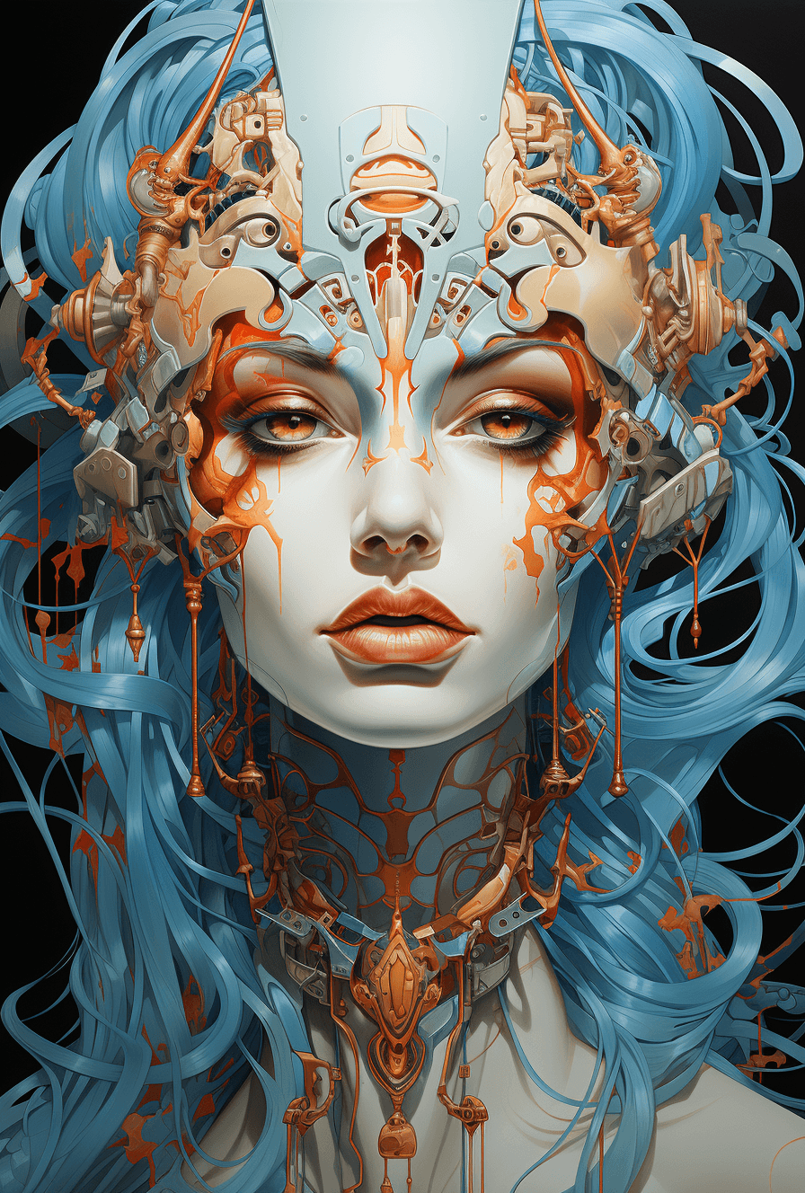 AI generated: an abstract head with animallike features, in the style of futuristic cyberpunk, james jean, light b...