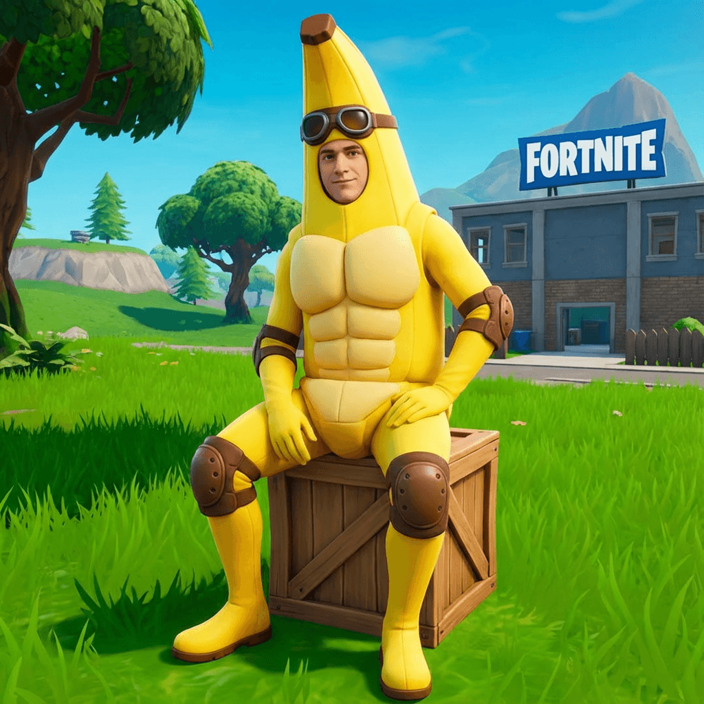 AI generated: Fortnite, peely, banana body, brown knee pads, brown elbow pads, brown eyes, living food, huge boobs...
