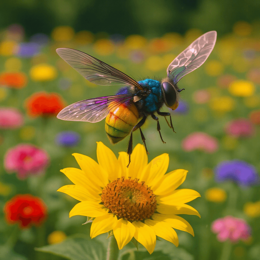 AI generated: A brightly colored spiring batterfly flies over a sunflower, in a field of pink, red, yellow and blu...
