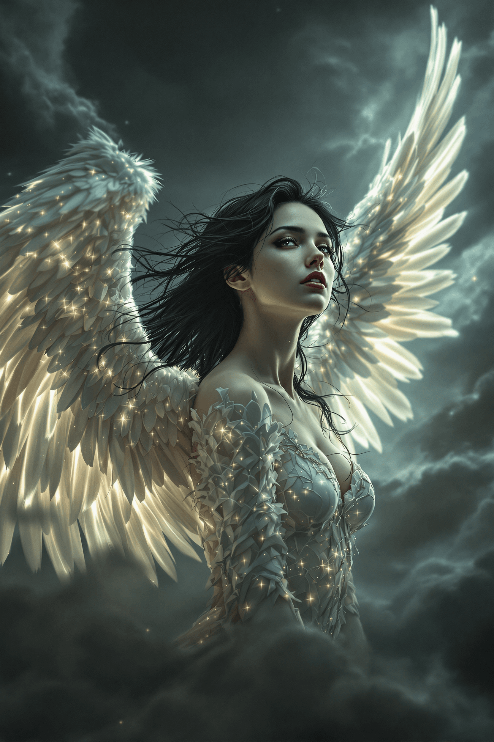 AI generated: highly detailed head and torso Portrait of a realistic angel in a storm-filled sky, captured in the ...